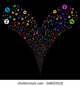 Money fireworks stream. Vector illustration style is flat bright multicolored iconic symbols on a black background. Object double fountain made from random icons.