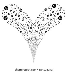 Money fireworks stream. Vector illustration style is flat black iconic symbols on a white background. Object double fountain created from random design elements.