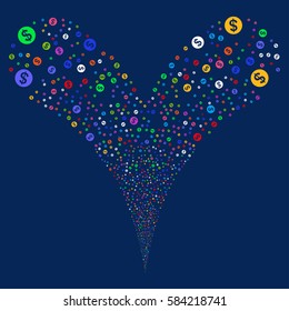 Money fireworks stream. Vector illustration style is flat bright multicolored iconic symbols on a blue background. Object double fountain done from random icons.