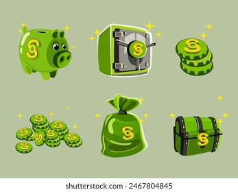 Conjunto de iconos verdes planos de dinero. Icono de Vector para empresas. Hucha, caja fuerte para dinero, monedas, bolsa de dinero y cofre. Iconos de dinero y pago