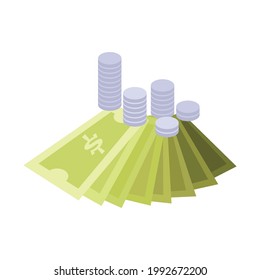 Money flat icon with banknotes and silver coins on white background vector illustration