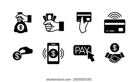 Money flat icon set. Containing payment, click pay button, paying with coin, cash, agreement, atm card, transfer, paid, banking, credit, debit. Vector illustration