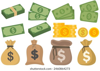 Money flat icon set isolated on white background.