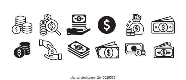 Money flat icons.Set of  Cash and Coins icons. Banking, Currency exchange and Cashback service. Euro and Dollar money, Cash exchange, bank payment. Vector illustration eps 10.