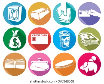 money flat icons set (bag, stack of coins, wallet, safe, bullion, credit card, old purse)