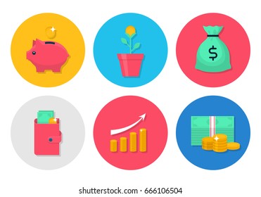 Money flat icons set. Modern icons with money, coins, moneybox piggy and wallet. Interface elements in flat design. Bank and commerce vector illustration isolated on white background.