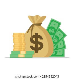 Money. Flat illustration of a money bag. Dollars and gold coins stack up. Wealth and banking icon. Vector illustration isolated on white background