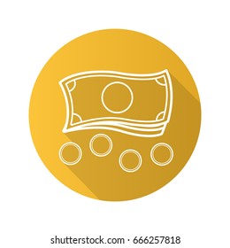 Money flat linear long shadow icon. Cash. Banknotes and coins. Vector outline symbol