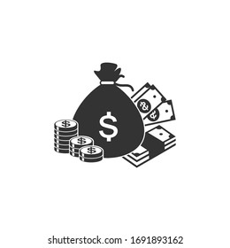 Money in Flat style . Dollars banknotes. money bag, Cash money, pile of coins. Vector icon illustration