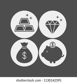 Money flat vector icons set. Diamond, gold bar, moneybox flat vector icons