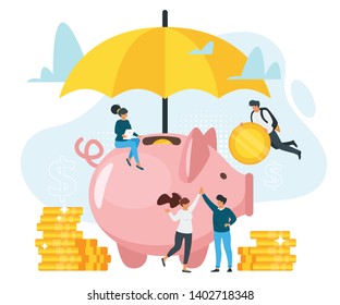Money Flach Vektorillustration Illustration. Finanzberatung, Buchhaltung, Sparschutz. Die Leute stecken Münzen in das Sparschwein. Kollektive Finanzierung, Investitionen. Profit, Einkommenswirtschaft. Banker, Financier