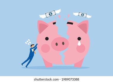 Money Flew Out Of A Broken Piggy Bank, Vector Illustration In Flat Style