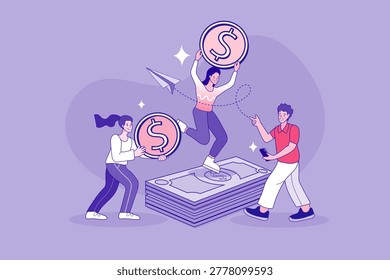 Money flow concept with characters holding dollar coins on cash stack. Financial success illustration with paper plane for wealth management, earnings, and business profit.