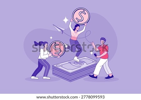 Money flow concept with characters holding dollar coins on cash stack. Financial success illustration with paper plane for wealth management, earnings, and business profit.
