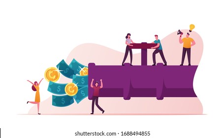 Money Flow Concept. Tiny Male and Female Characters Open Huge Pipe with Dollar Bills and Golden Coins Streaming Out. People Create Finance Capital, Wealth and Investment. Cartoon Vector Illustration