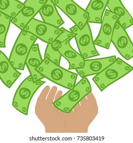 Money flow falling to hands from above. Profit making concept. Lottery win falling dollars to palms background. Cash flying rain. Vector illustration.