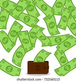 Money flow falling to wallet from above. Profit making concept. Lottery win falling dollars background. Cash flying rain. Vector illustration.
