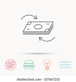 Money flow icon. Cash investment sign. Currency exchange symbol. Global connect network, ocean wave and burger icons. Lightbulb lamp symbol.