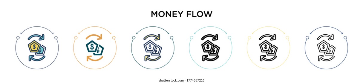 Money flow icon in filled, thin line, outline and stroke style. Vector illustration of two colored and black money flow vector icons designs can be used for mobile, ui, web