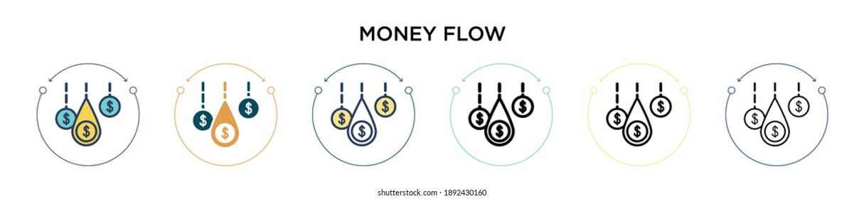 Geldfluss-Symbol in voller, dünner Linie, Umriss und Strich-Stil. Vektorgrafik von zwei farbigen und schwarzen Geldstrom-Vektorgrafiken-Designs kann für mobile, iPhone-, web-basierte
