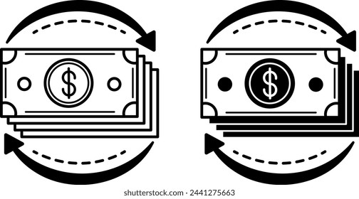 Money Flow Icons. Black and White Vector Icons of Packs of Dollars and Arrows. Accounting Concept