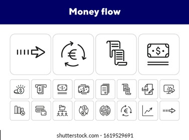 Money flow icons. Set of line icons. Currency exchange, decreasing bar chart. Finance concept. Vector illustration can be used for topics like finance, business, banking