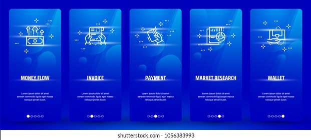 Money flow, Invoice, Payment, Market research, Wallet Vertical Cards with strong metaphors. Template for website design.