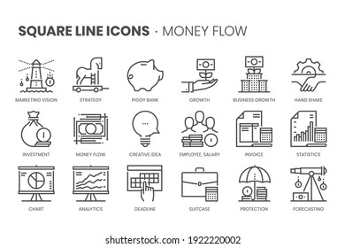 Money flow related, pixel perfect, editable stroke, up scalable square line vector icon set. 