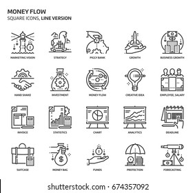 Money flow related, pixel perfect, editable stroke, up scalable vector icon set. 