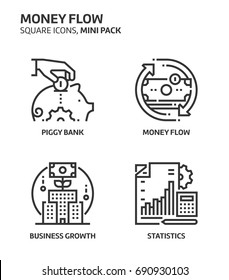 Money flow, square mini icon set. The illustrations are a vector, editable stroke, thirty-two by thirty-two matrix grid, pixel perfect files. Crafted with precision and eye for quality.