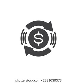 Money flow vector icon. Dollar coin and arrows filled flat sign for mobile concept and web design. Money transfer glyph icon. Symbol, logo illustration. Vector graphics