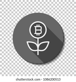 Money flower with bitcoin. Money tree. Linear icon with thin outline. White flat icon with long shadow in circle on transparent background. Badge or sticker style