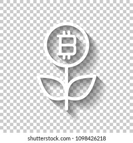 Money flower with bitcoin. Money tree. Linear icon with thin outline. White icon with shadow on transparent background