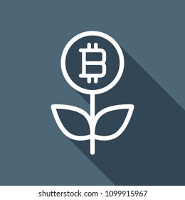 Money flower with bitcoin. Money tree. Linear icon with thin outline. White flat icon with long shadow on background