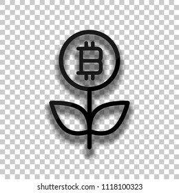 Money flower with bitcoin. Money tree. Linear icon with thin outline. Black glass icon with soft shadow on transparent background