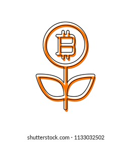 Money flower with bitcoin. Money tree. Linear icon with thin outline. Isolated icon consisting of black thin contour and orange moved filling on different layers. White background