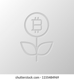 Money flower with bitcoin. Money tree. Linear icon with thin outline. Paper design. Cutted symbol. Pitted style