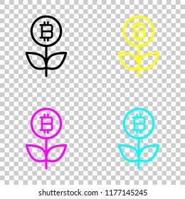 Money flower with bitcoin. Money tree. Linear icon with thin outline. Colored set of cmyk icons on transparent background