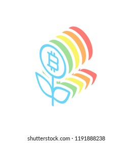 Money flower with bitcoin. Money tree. Linear icon with thin outline. Stack of colorful isometric icons on white background