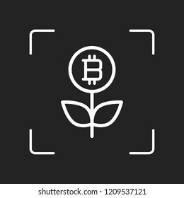 Money flower with bitcoin. Money tree. Linear icon with thin outline. White object in camera autofocus on dark background