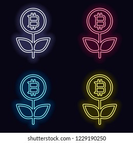 Money flower with bitcoin. Money tree. Linear icon with thin outline. Set of neon sign. Casino style on dark background. Seamless pattern