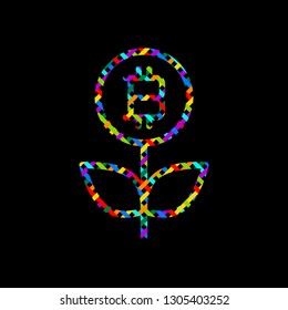Money flower with bitcoin. Money tree. Linear icon with thin outline