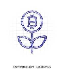 Money flower with bitcoin. Money tree. Linear icon with thin outline. Hand drawn sketched picture with scribble fill. Blue ink. Doodle on white background