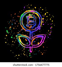 Flor de dinero con bitcoin. Árbol de dinero. Icono lineal con contorno fino. Tinta coloreada con salpicaduras en fondo negro