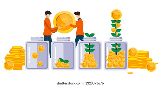 Money Flower In Different Flower Pot Size. Finance Concept, Thinking Concept