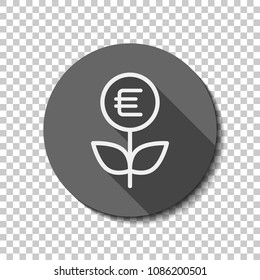 Money flower with dollar. Money tree. Linear icon with thin outline. White flat icon with long shadow in circle on transparent background. Badge or sticker style