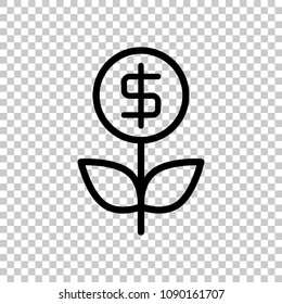 Money flower with dollar. Money tree. Linear icon with thin outline. On transparent background.