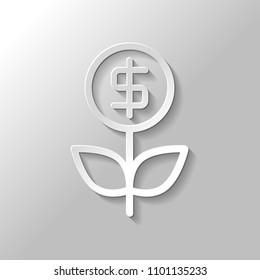 Money flower with dollar. Money tree. Linear icon with thin outline. Paper style with shadow on gray background