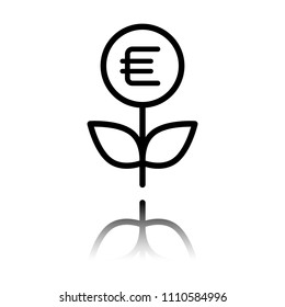 Money flower with dollar. Money tree. Linear icon with thin outline. Black icon with mirror reflection on white background