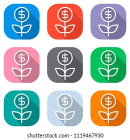 Money flower with dollar. Money tree. Linear icon with thin outline. Set of white icons on colored squares for applications. Seamless and pattern for poster